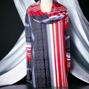 Red gray Serape stripes pattern long cowl neck top
